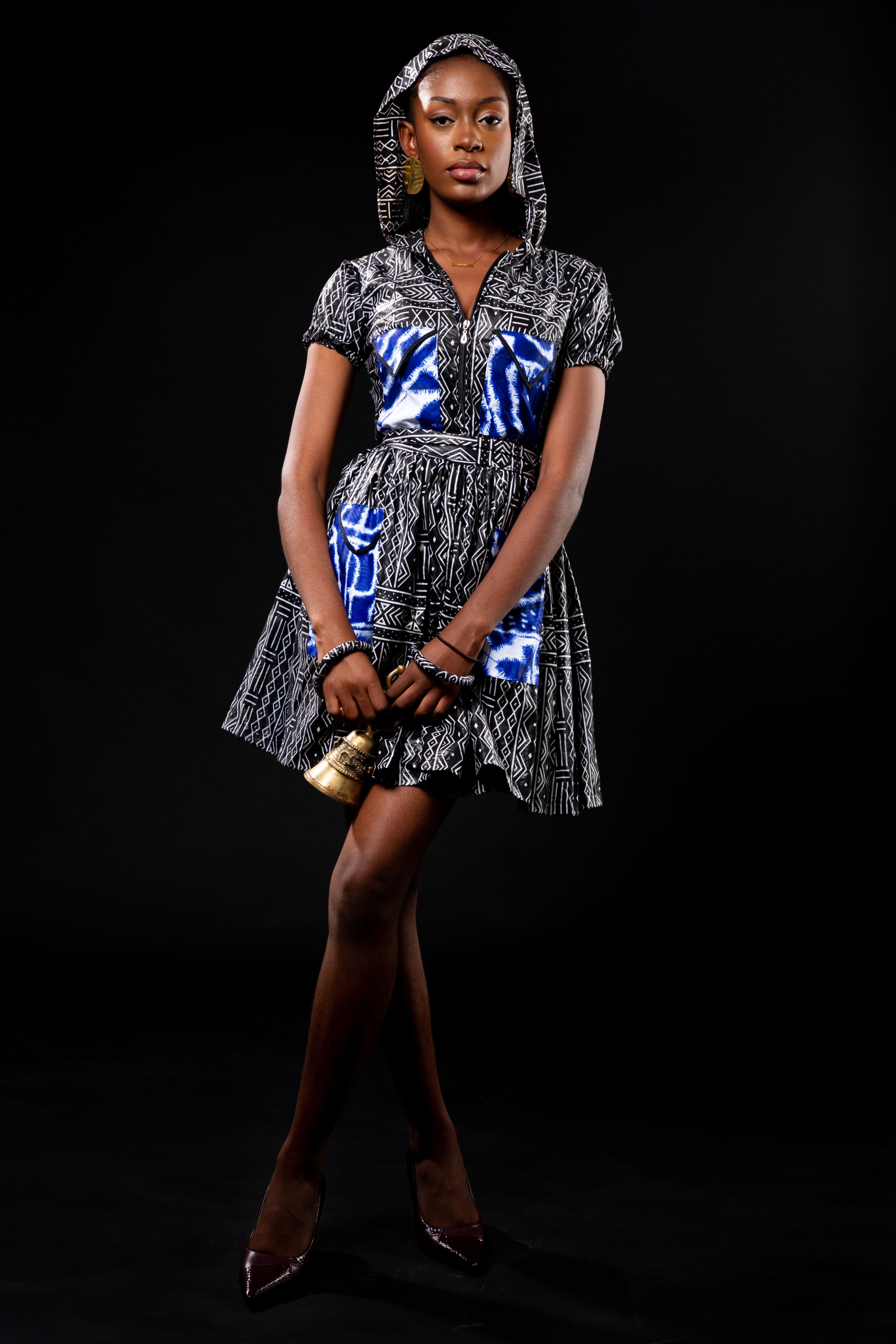 Image 2 of Dikalo black bogolan and blue ndop mini dress