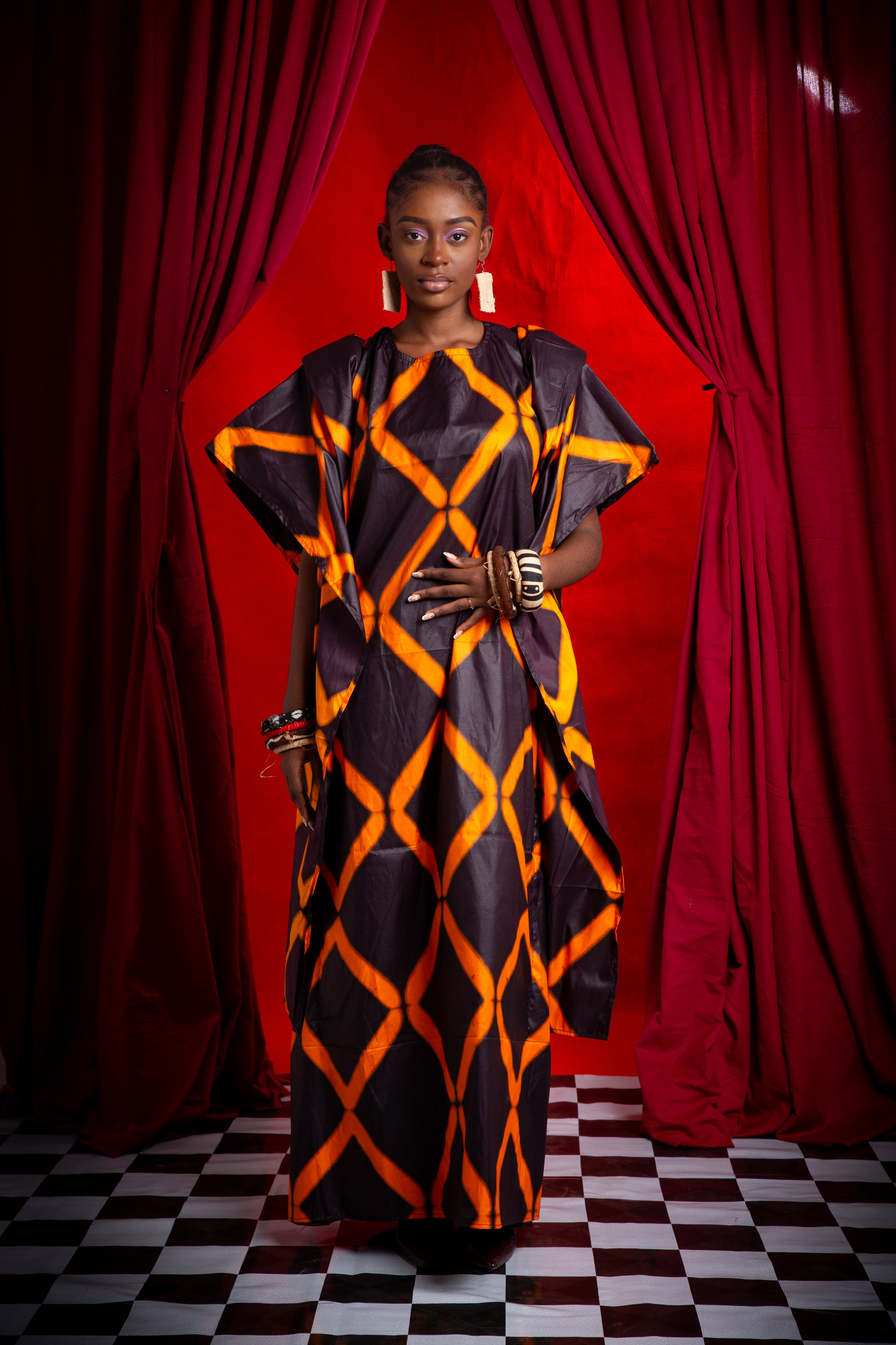 Image 1 of Nden Bobo orange batik dress with shoulder pads (TEGUE)