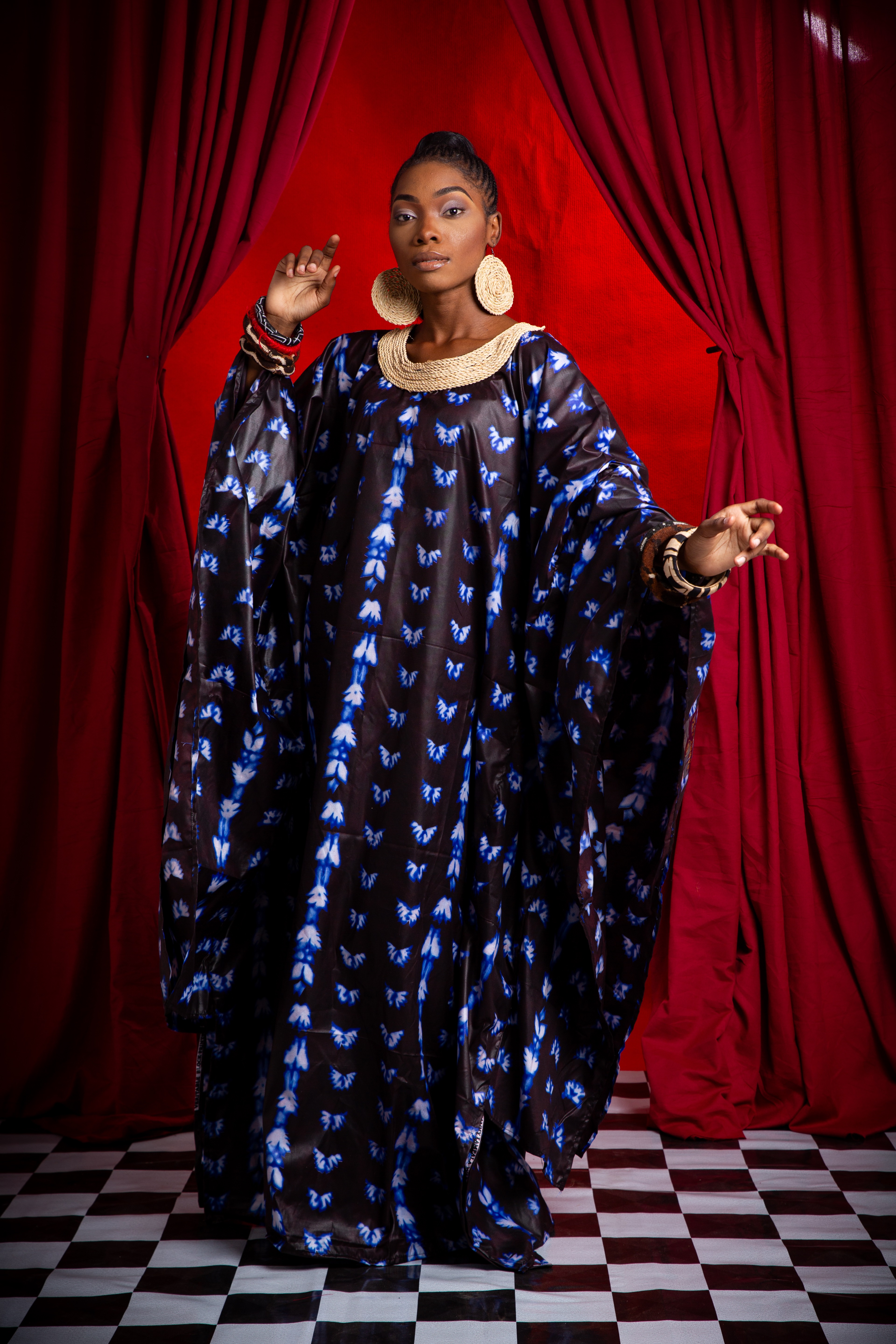 Image 1 of Nden Bobo Blue Indigo batik dress with raffia decorated neckline (TEGUE)