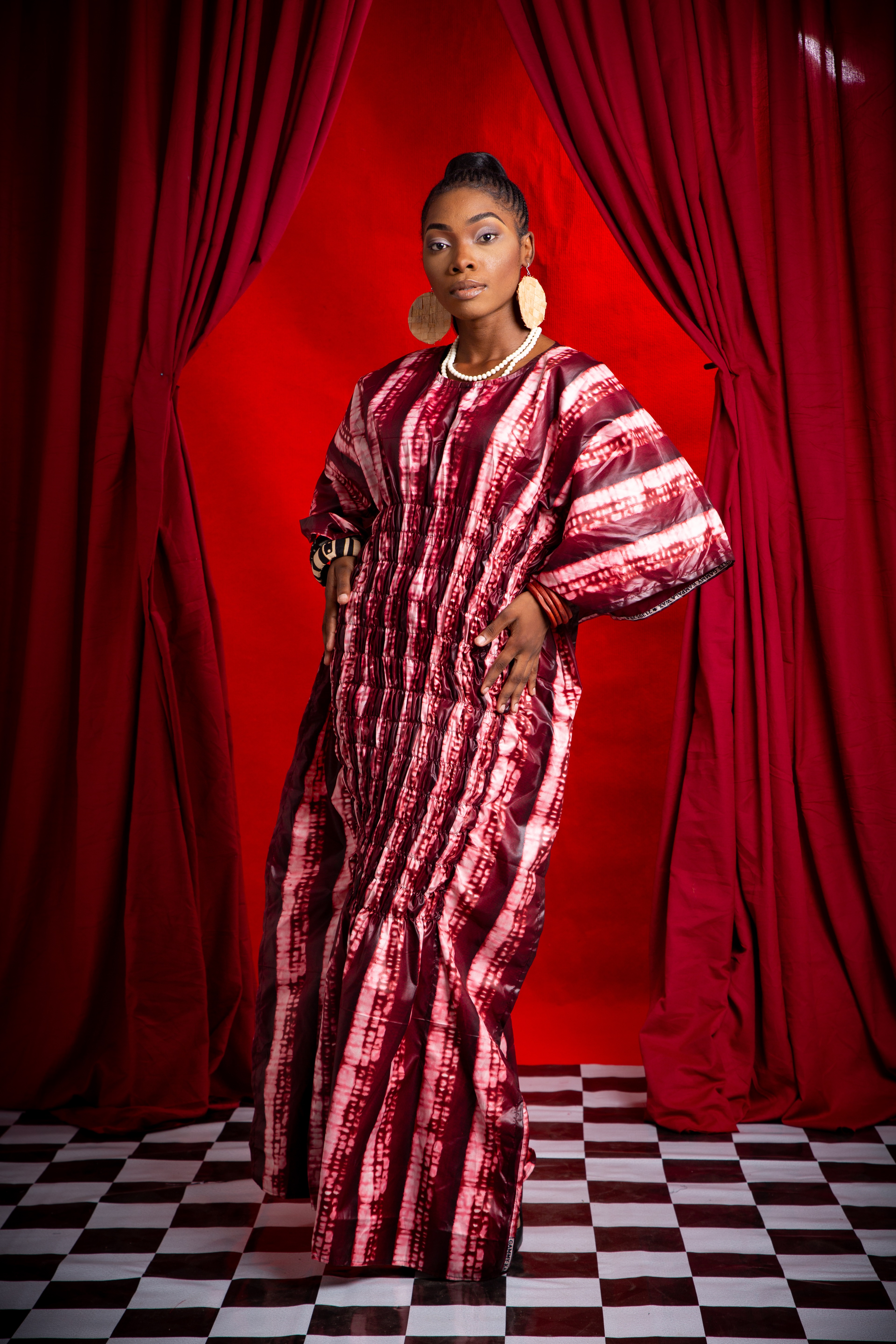 Image 1 of Ela shirred red batik boubou dress (TEGUE)