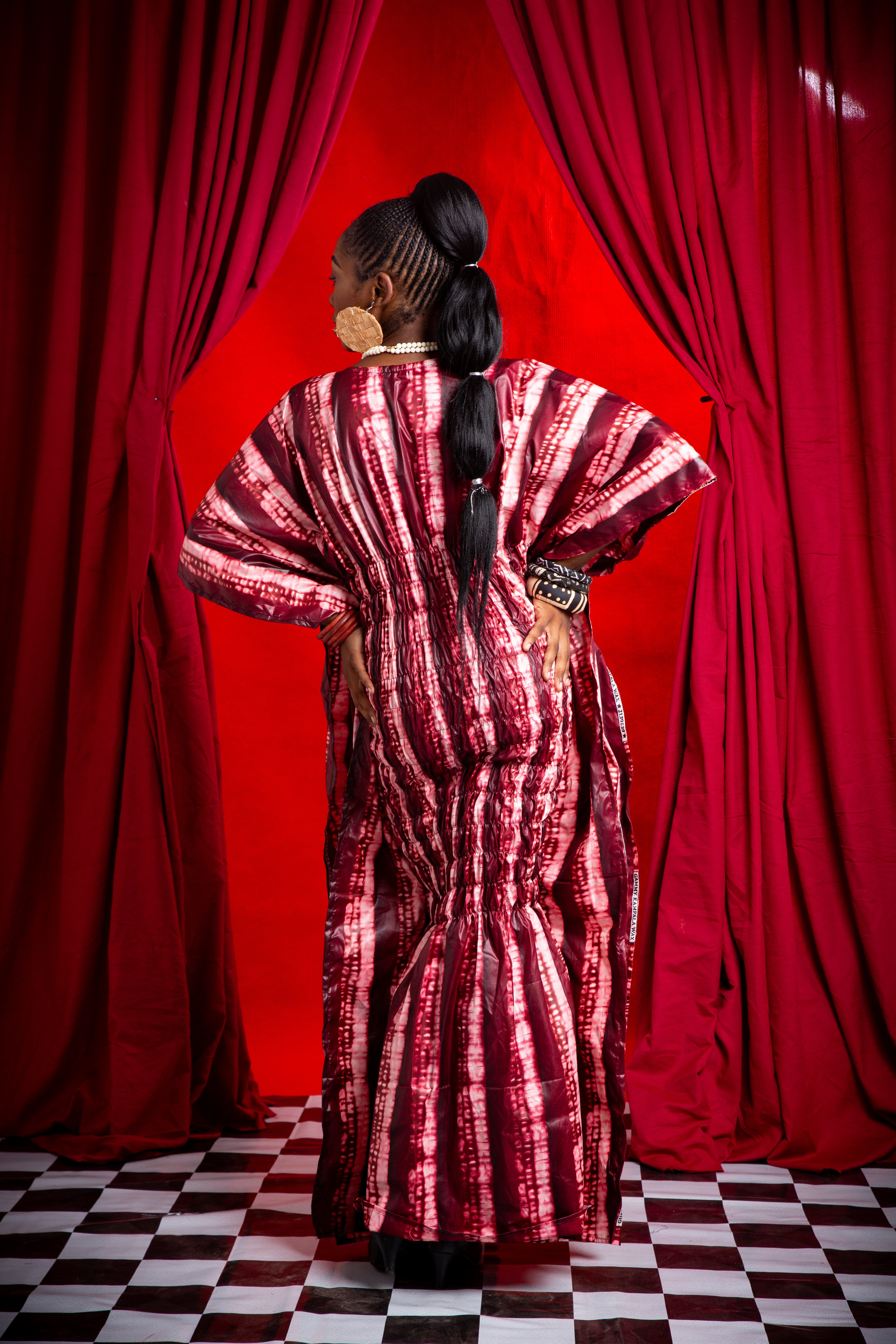 Image 2 of Ela shirred red batik boubou dress (TEGUE)