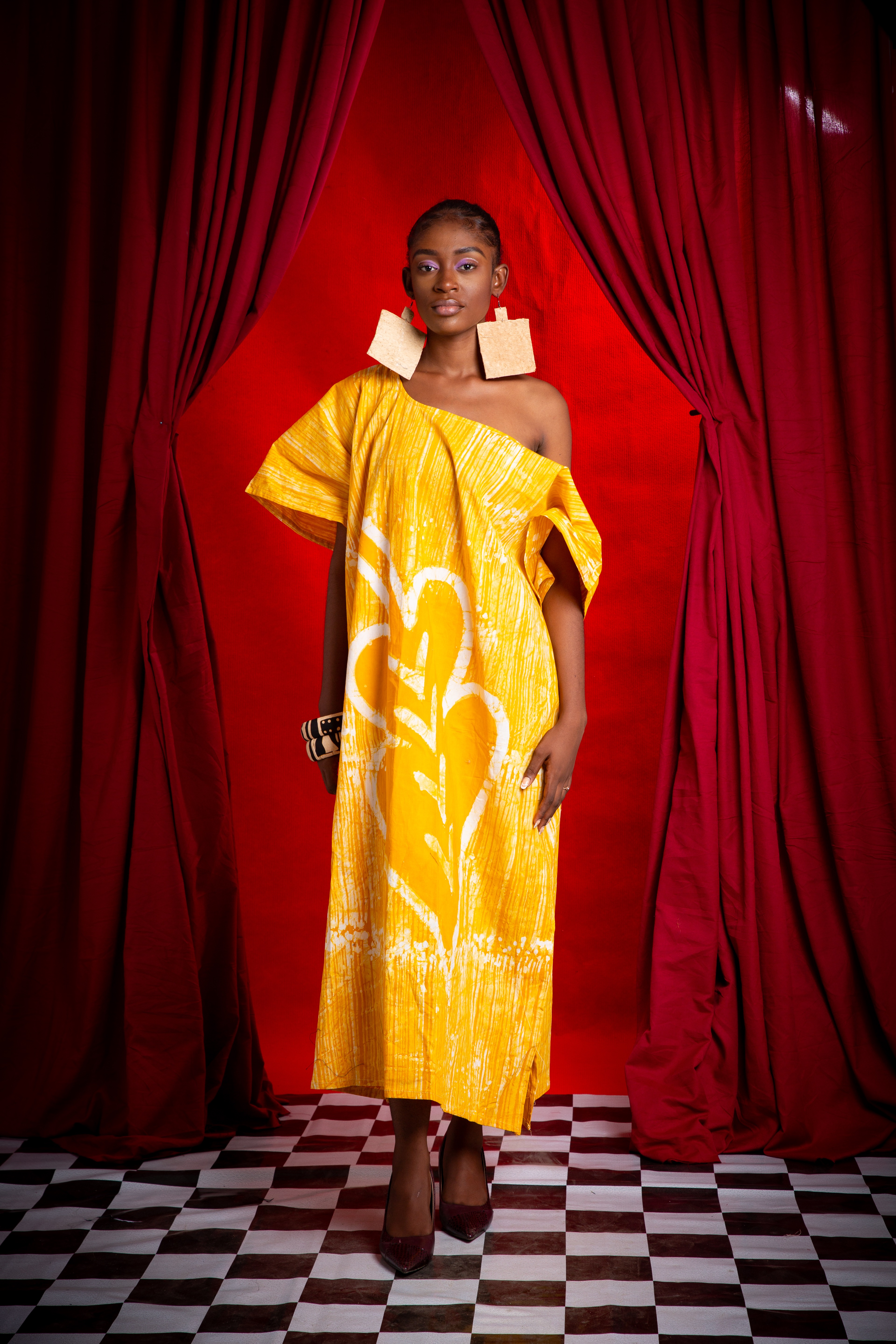Image 1 of Ela Yellow Cotton hand batik boubou dress (TEGUE)