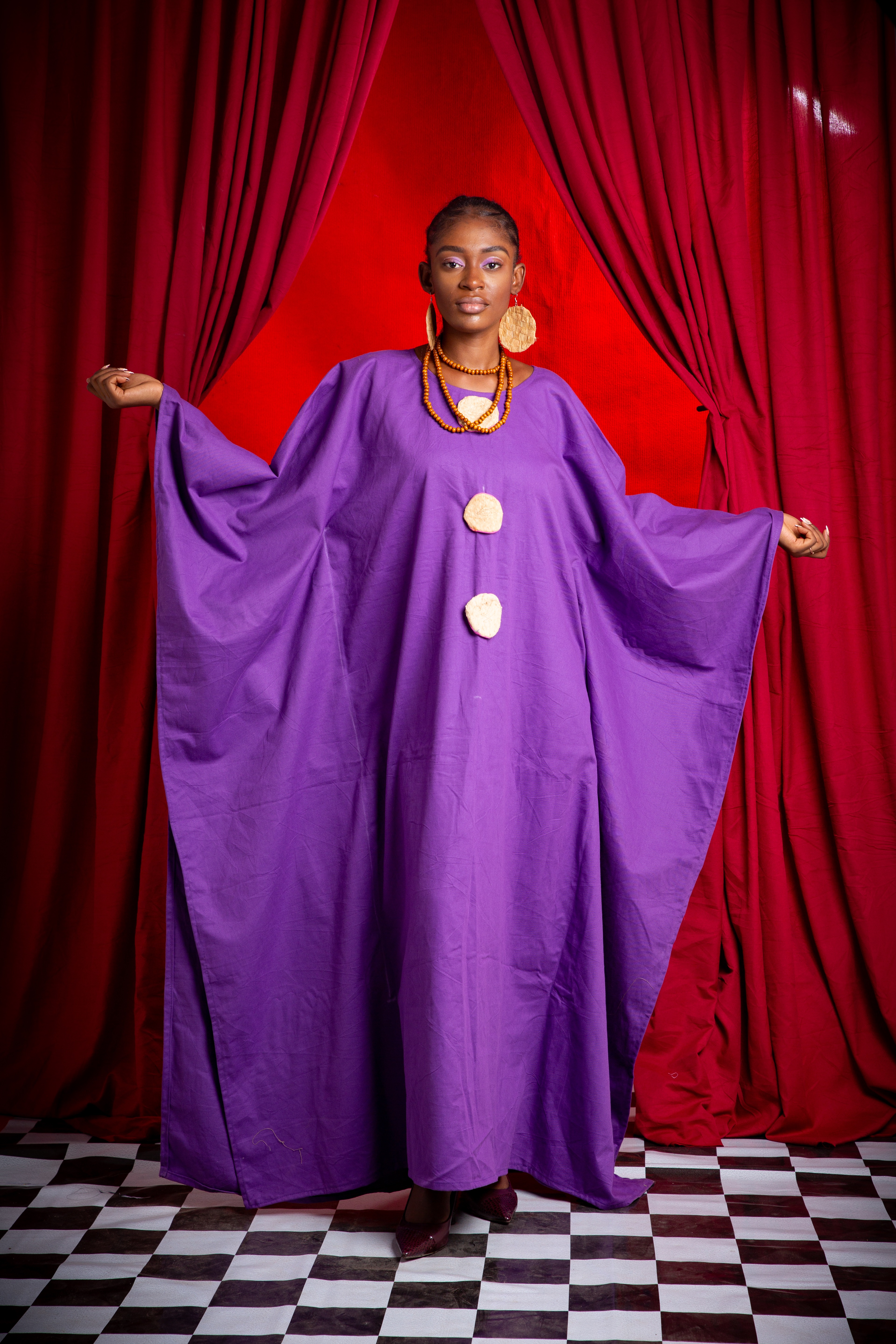Image 1 of Nden bobo purple cotton boubou dress with obom decorations (TEGUE)