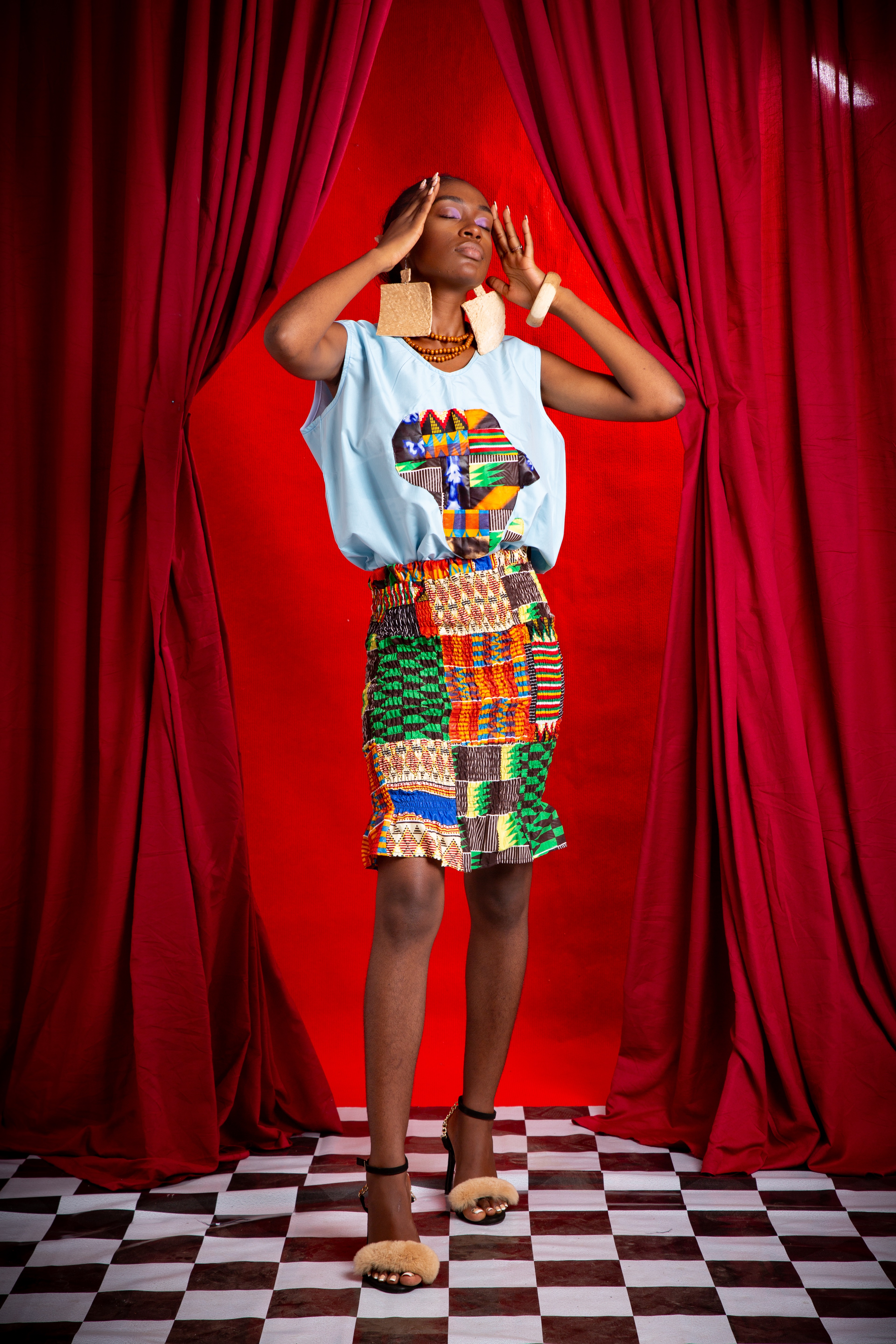 Image 1 of Ela shirred kente patchwork skirt (TEGUE)
