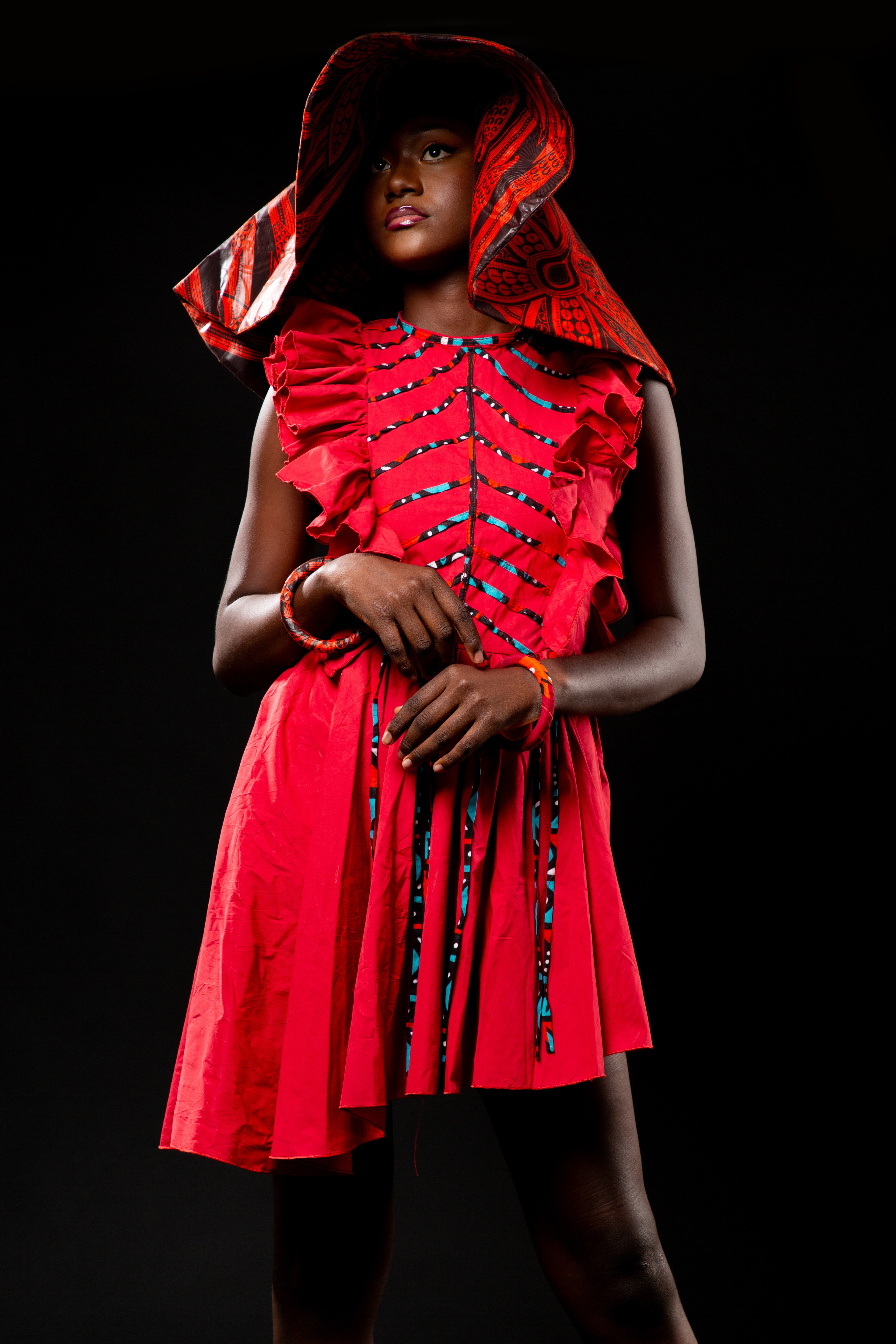 Image 1 of Mambila red dress with red bogolan stripes (Dikalo)