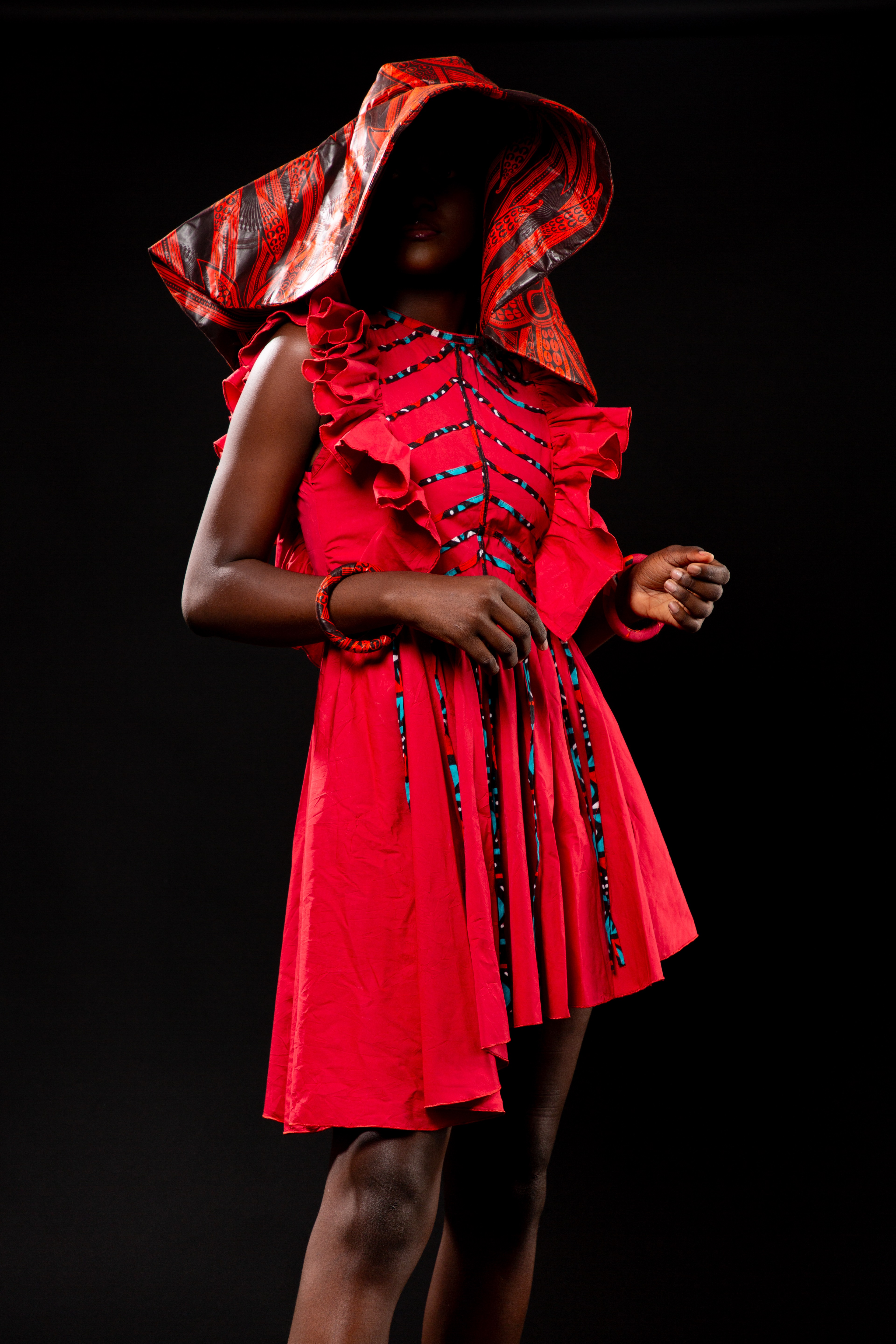 Image 2 of Mambila red dress with red bogolan stripes (Dikalo)