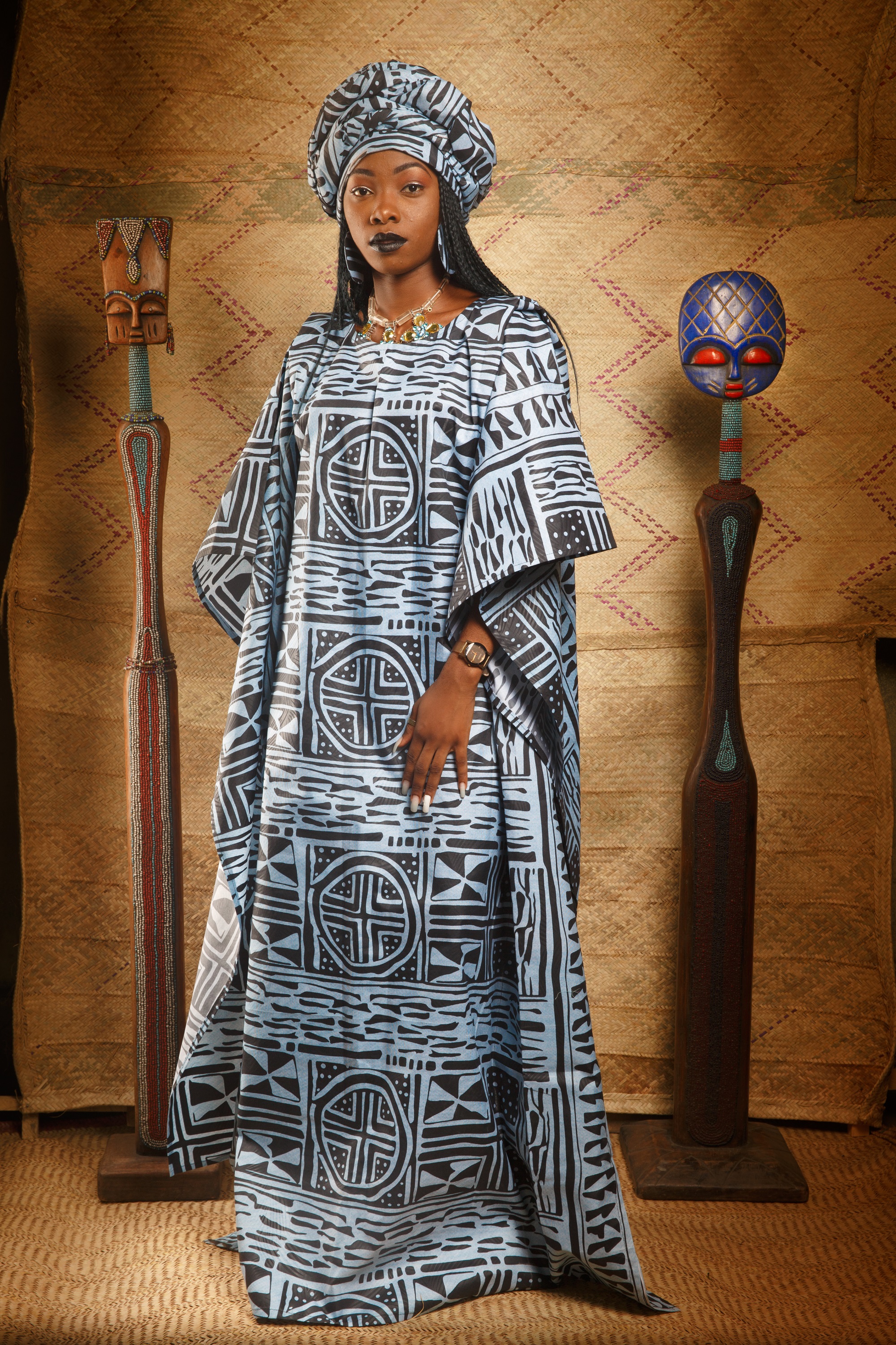 Image 1 of Njapndounke black tie dye ndop boubou dress (MANGWELOUNE)